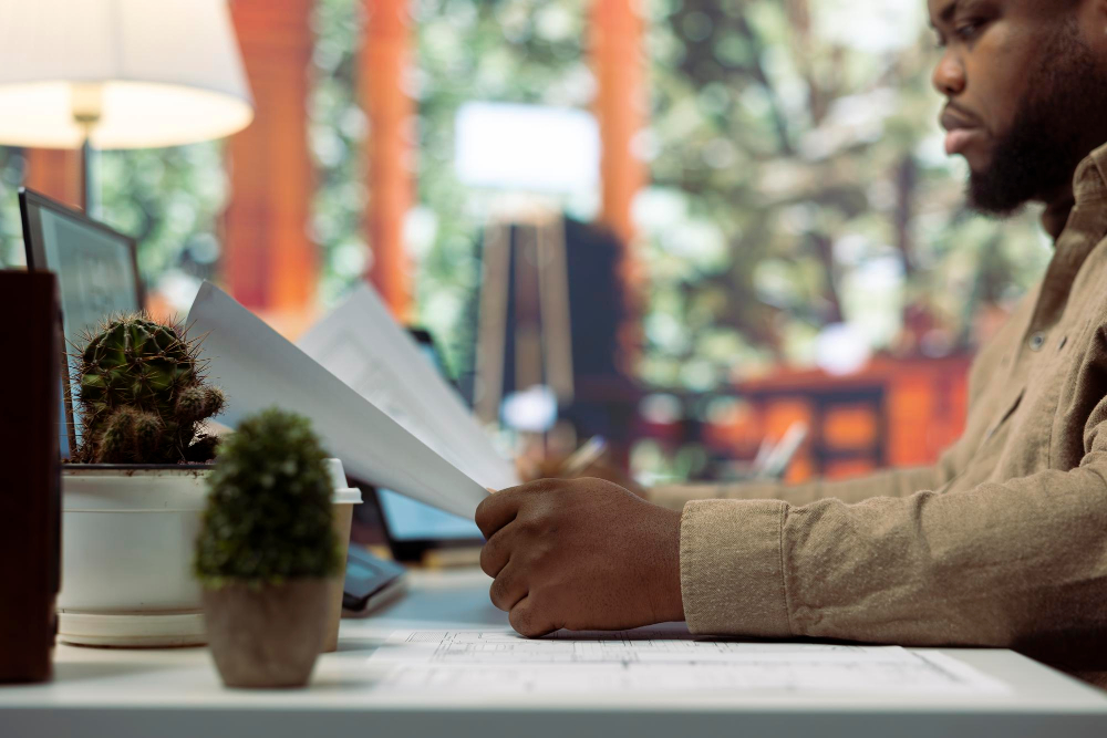 A client and adviser reviewing documents at a desk